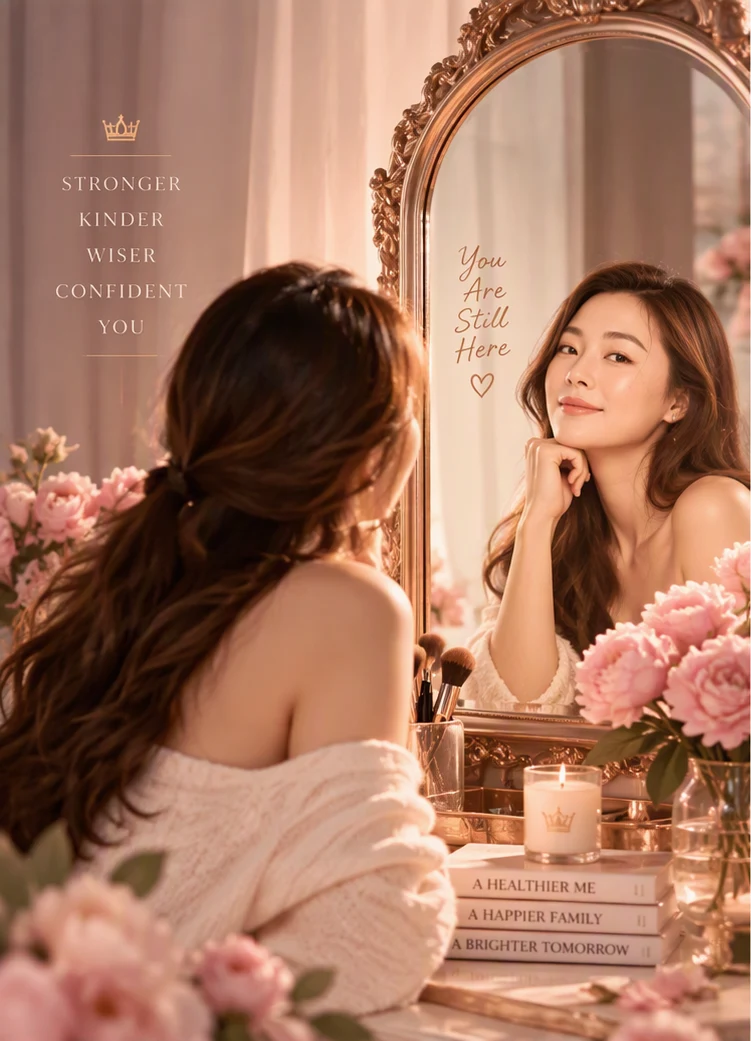 Illustration of a woman before an ornate mirror with blooming peonies: You are still here