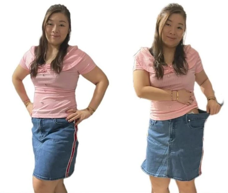 Eileen wearing a denim skirt that she once could not fit into